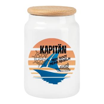 Seefahrer Motiv mit Kompass und Segelboot - Keksdose mit Holzdeckel - Weiß - Vorne