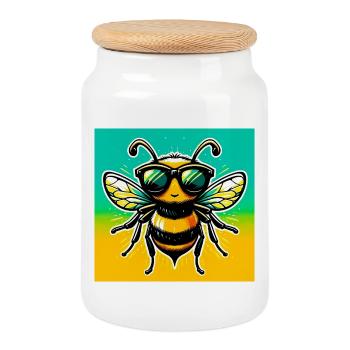 bee - Cookie Jar with Wooden Lid - white - Front