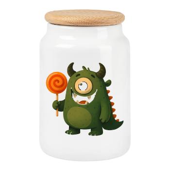 Monstre aux yeux écarquillés avec sucette - Boîte à biscuits avec couvercle en bois - blanc - Devant