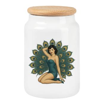 Elegantes Pfauen-Pinup - Keksdose mit Holzdeckel - Weiß - Vorne