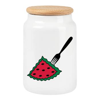 Melon with fork - Cookie Jar with Wooden Lid - white - Front