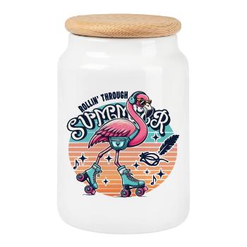 Rollin through Summer - Flamingo with roller skates - Cookie Jar with Wooden Lid - white - Front