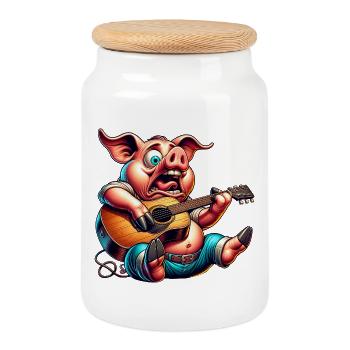 Drôle de cochon avec guitare Rock Musique country - Boîte à biscuits avec couvercle en bois - blanc - Devant