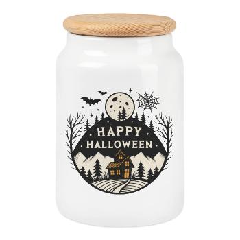Halloween Night Mountain Cabin - Cookie Jar with Wooden Lid - white - Front