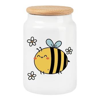 Buzzing with Joy – Kawaii Bee & Blossoms - Cookie Jar with Wooden Lid - white - Front