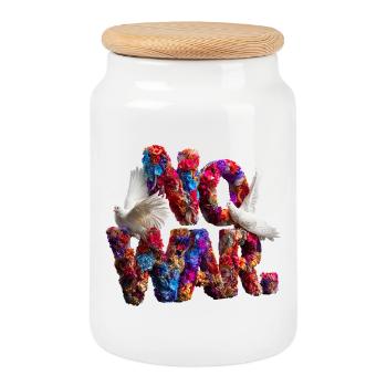 Floral lettering with doves and symbolic power NOWAR - Cookie Jar with Wooden Lid - white - Front
