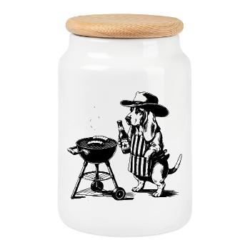 Funny Grill - Chien au design rétro avec chemise à bière - Boîte à biscuits avec couvercle en bois - blanc - Devant