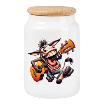 Funny Donkey With Guitar Cartoon Musician - Cookie Jar with Wooden Lid - white - Front