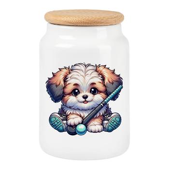 Cute dog with field hockey stick and ball - Cookie Jar with Wooden Lid - white - Front