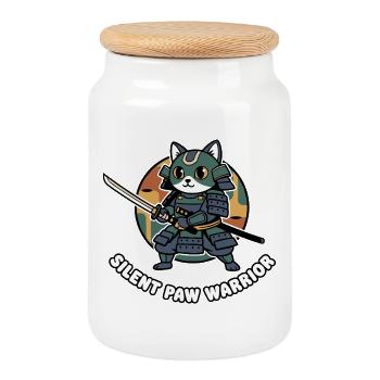 Stiller Pfoten Samurai-Krieger Katze - Keksdose mit Holzdeckel - Weiß - Vorne