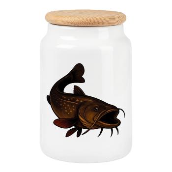Wels Illustration für Angler und Naturfreunde - Keksdose mit Holzdeckel - Weiß - Vorne