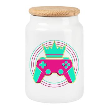 Controller Krone Neon Minimal Zocker Art - Cookie Jar with Wooden Lid - white - Front