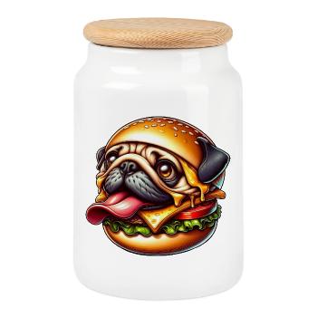 Cute Pug Halloween Cheeseburger Cartoon Monster - Cookie Jar with Wooden Lid - white - Front