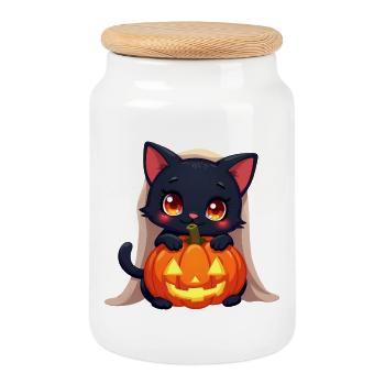 Halloween Katze mit Halloween Kürbis - Keksdose mit Holzdeckel - Weiß - Vorne