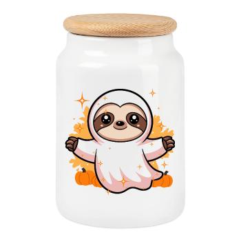 Costume de fantôme mignon de paresseux avec des citrouilles - Boîte à biscuits avec couvercle en bois - blanc - Devant