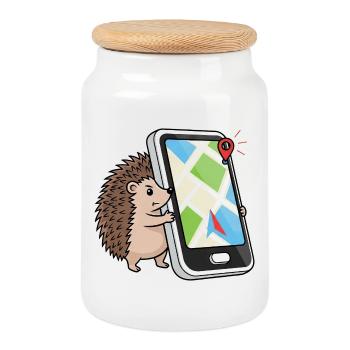 Funny Hedgehog Smartphone GPS City Planner Geocaching - Cookie Jar with Wooden Lid - white - Front