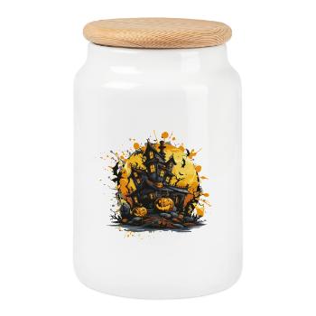 Haunted house on the Halloween moon - Cookie Jar with Wooden Lid - white - Front
