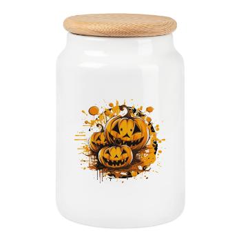 Pumpkin Splatter Halloween Art - Cookie Jar with Wooden Lid - white - Front