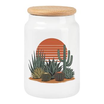 Boho Natur Kakteen - Keksdose mit Holzdeckel - Weiß - Vorne