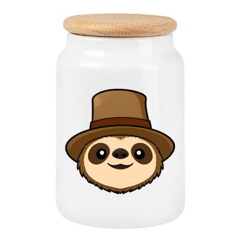 Dessin animé de paresseux portant un chapeau - Boîte à biscuits avec couvercle en bois - blanc - Devant