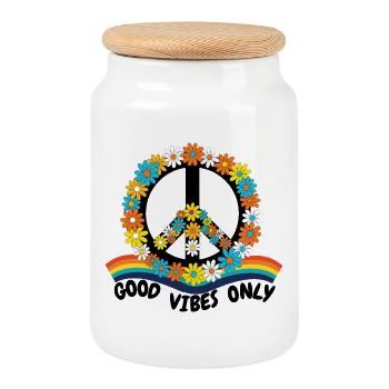 Flower Power Peace – Goood Vibes Only - Cookie Jar with Wooden Lid - white - Front
