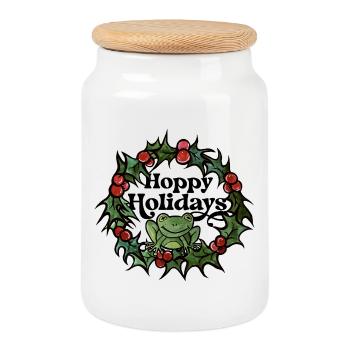 Frog in Holly Wreath - Cookie Jar with Wooden Lid - white - Front