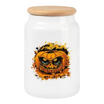 Grim Pumpkin Face in Color Splatter Style - Cookie Jar with Wooden Lid - white - Front