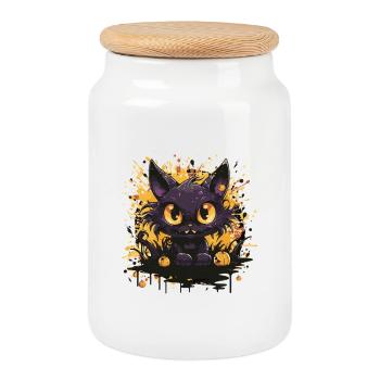 Black cat with pumpkins Halloween - Cookie Jar with Wooden Lid - white - Front