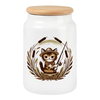 Chat pêcheur à moustaches - Boîte à biscuits avec couvercle en bois - blanc - Devant