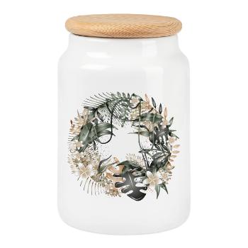 Exotic jungle wreath with tropical leaves - Cookie Jar with Wooden Lid - white - Front
