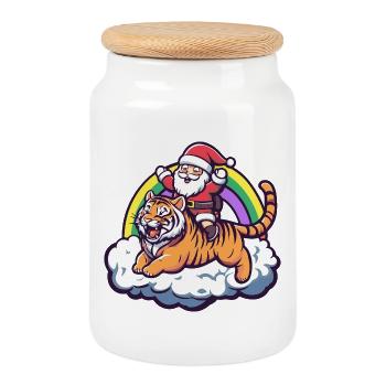 Tiger Weihnachtsmann Weihnachten - Keksdose mit Holzdeckel - Weiß - Vorne