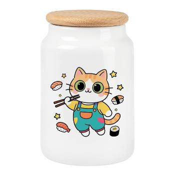 Bunte Sushi-Katze im Overall - Keksdose mit Holzdeckel - Weiß - Vorne