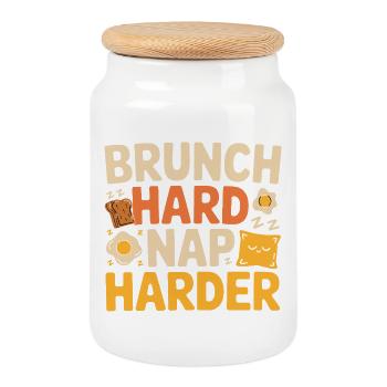 Brunch Sieste dure Plus dur Drôle Petit déjeuner Dicton - Boîte à biscuits avec couvercle en bois - blanc - Devant