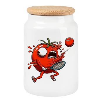 Funny tomato playing tennis with tennis ball - Cookie Jar with Wooden Lid - white - Front