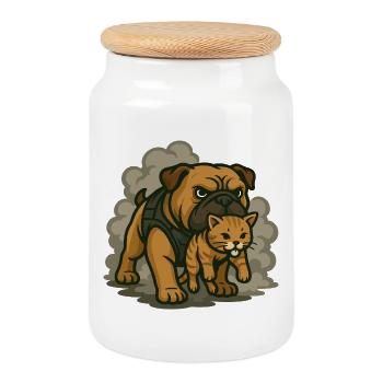 Duo chien et chat de garde - Boîte à biscuits avec couvercle en bois - blanc - Devant