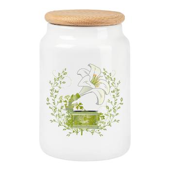 Lily Gramophone – Floral Music Motif in Green - Cookie Jar with Wooden Lid - white - Front