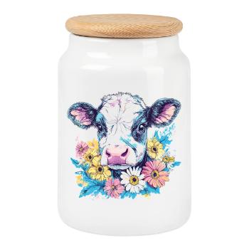 Cow with flower wreath in bright colors - Cookie Jar with Wooden Lid - white - Front