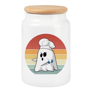 Retro Ghost Chef Kostüm für gruseligen Halloween-Spaß - Keksdose mit Holzdeckel - Weiß - Vorne