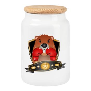 Boxing Beaver – Funny Boxer Motif - Cookie Jar with Wooden Lid - white - Front