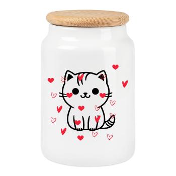 Heart Heart Cat - Cookie Jar with Wooden Lid - white - Front