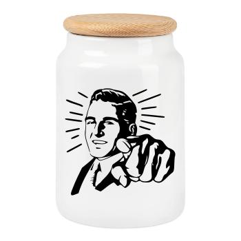 Pointing Man - Cookie Jar with Wooden Lid - white - Front