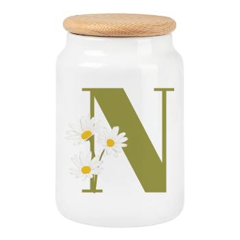 Green Letter n Daisies - Cookie Jar with Wooden Lid - white - Front