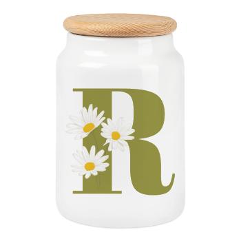 Letter r green daisies - Cookie Jar with Wooden Lid - white - Front