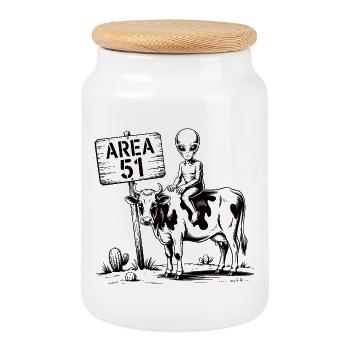 Funny Area 51 Alien UFO Riding Cow - Cookie Jar with Wooden Lid - white - Front