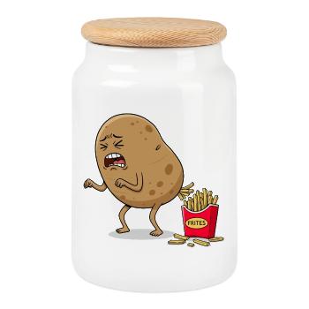 Funny Potato Cartoon with Fries Humor Illustration - Cookie Jar with Wooden Lid - white - Front