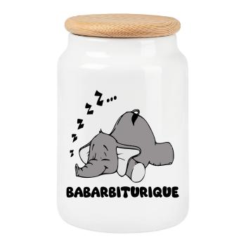 Schlafender Elefant mit dem Titel Babarbituric - Keksdose mit Holzdeckel - Weiß - Vorne