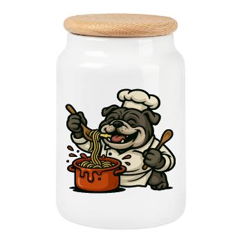 Bulldog Chef Cooking Pasta Happy Cartoon Design - Cookie Jar with Wooden Lid - white - Front
