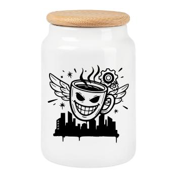 Crazy Coffee Cup Wings Vector - Cookie Jar with Wooden Lid - white - Front