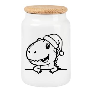 Niedlicher Cartoon Dino mit Weihnachtsmütze - Keksdose mit Holzdeckel - Weiß - Vorne