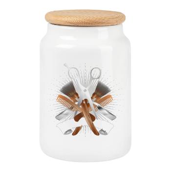 Motif élégant de barbier avec ciseaux et outils - Boîte à biscuits avec couvercle en bois - blanc - Devant
